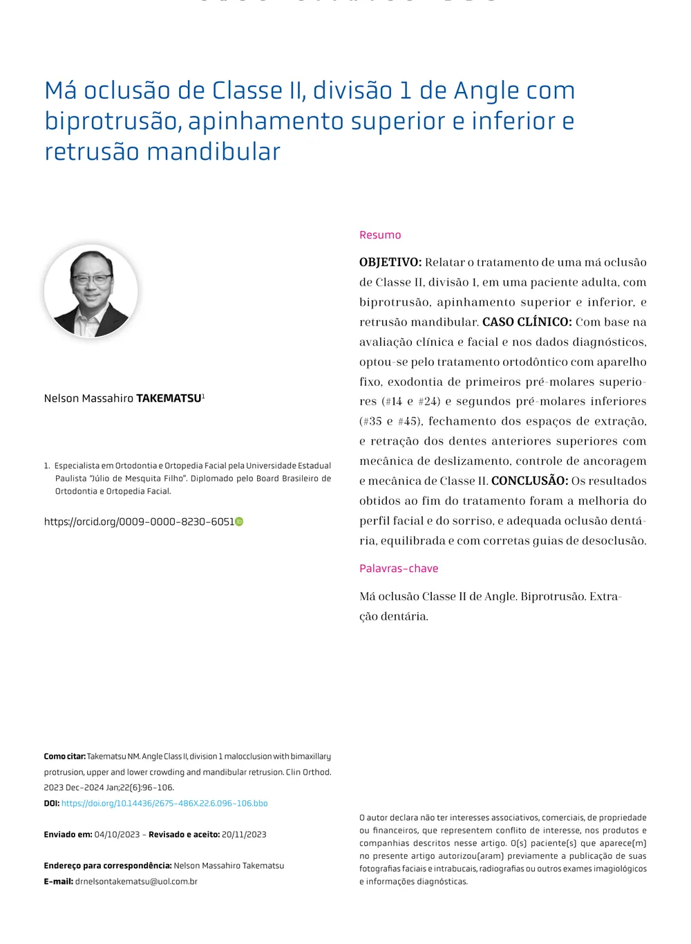 Página de abertura do artigo de caso clínico BBO do Dr. Nelson Takematsu na revista Clinical Orthodontics (Dental Press)